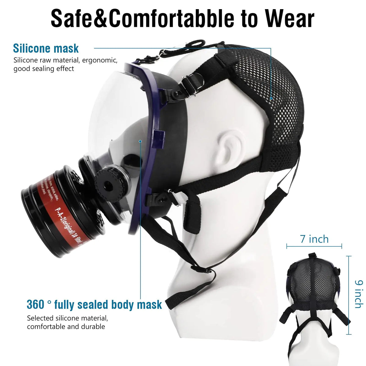 A black silicone full face respirator mask is shown being worn on a white mannequin head.