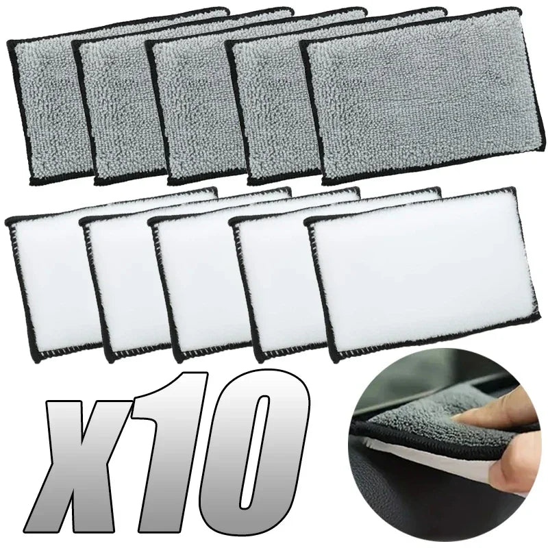 A set of ten dual-sided microfiber scrub sponges for car detailing, shown in various shades of gray and white.