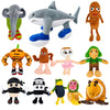 A collection of various shark and sea creature plush toys in different colors and styles.
