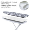 A gray patterned linen ironing board cover with a white pad is shown on an ironing board.