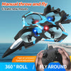 A black and blue remote control fighter plane is shown in flight, demonstrating 360° roll and fly around capabilities.