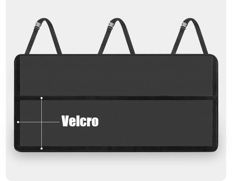 Black foldable car trunk organizer featuring Velcro for secure storage.