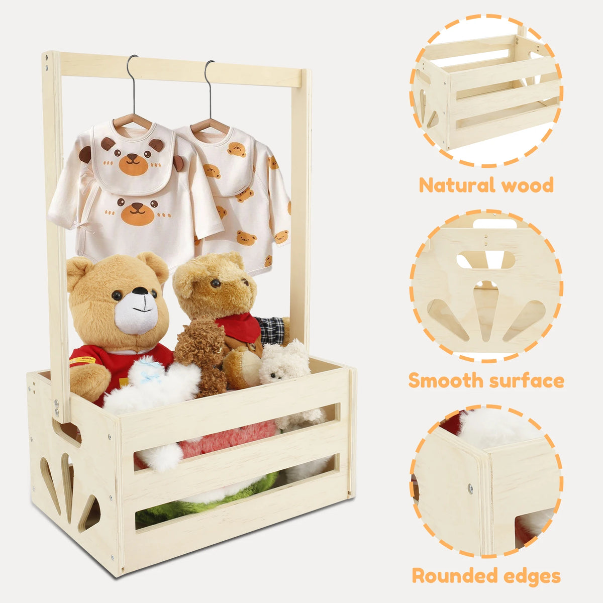 A wooden storage crate with a long handle is shown holding baby clothing and toys, highlighting its natural wood, smooth surf