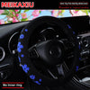 Black steering wheel cover with blue floral designs for a car, shown in a close-up view.