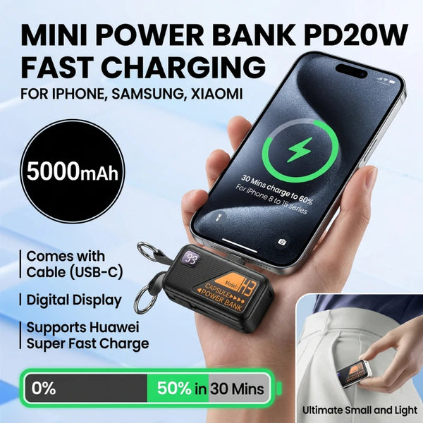 Compact 5000mAh Power Bank with Built-in USB-C Cable