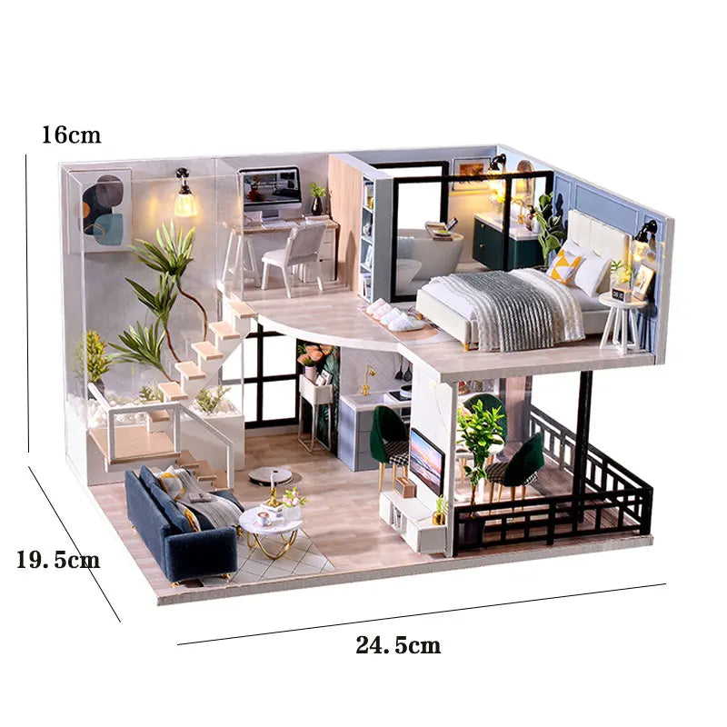 A detailed 3D wooden dollhouse miniature building kit featuring furniture and interior decor.