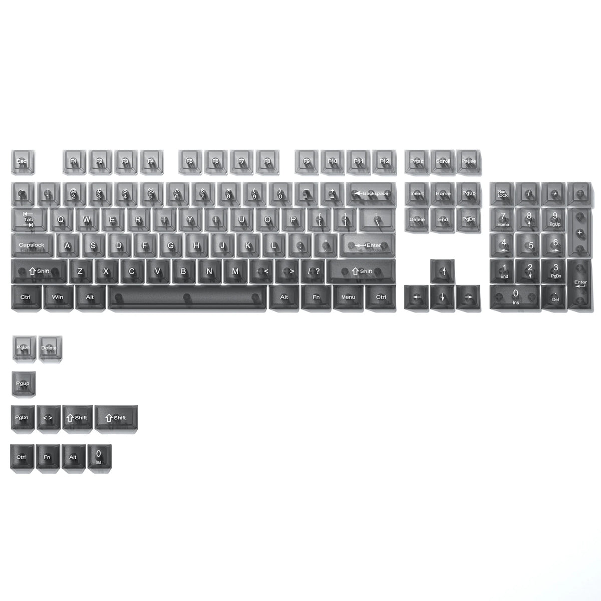 A full set of 115 keycaps with an MDA profile, crystal clear and RGB backlit.