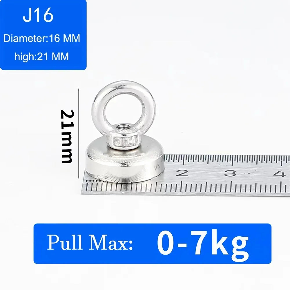 Silver fishing magnet with eyebolt, 16mm diameter and 21mm height, shown next to a ruler.