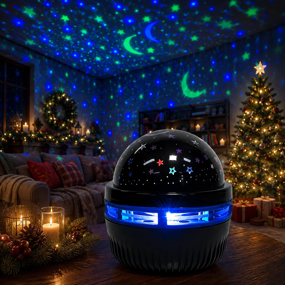 A black spherical projector night light emitting blue and green stars onto a dark room with a starry sky projection.