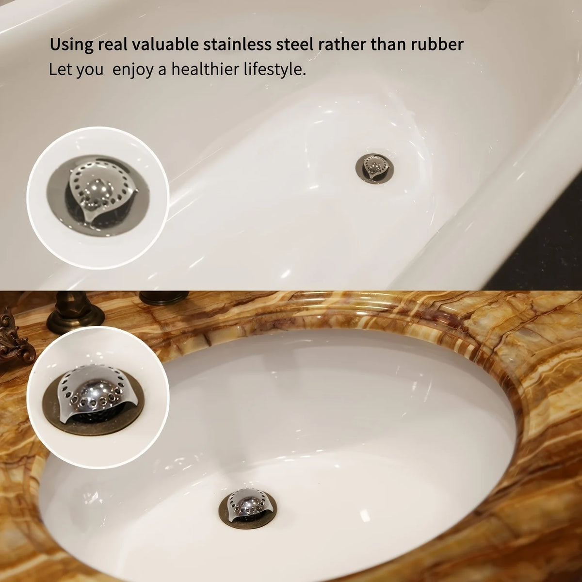 Close-up view of a white bathtub drain featuring a stainless steel hair catcher.
