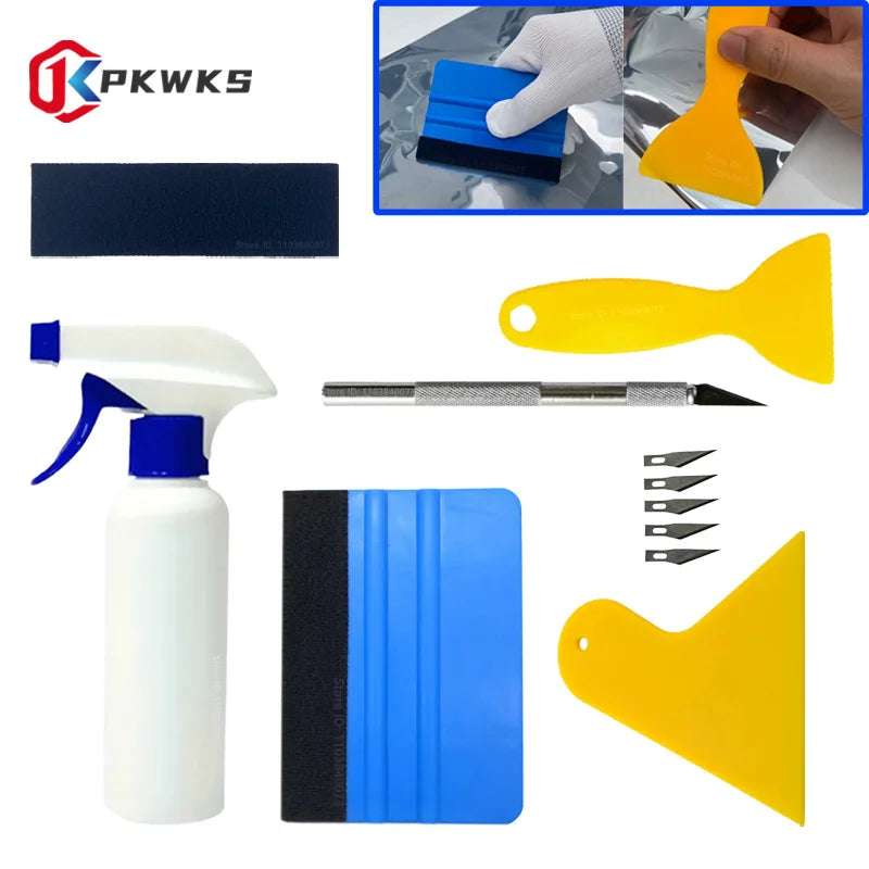 Window tint and vinyl wrap installation kit featuring felt squeegees, tools, and various colored plastic components.