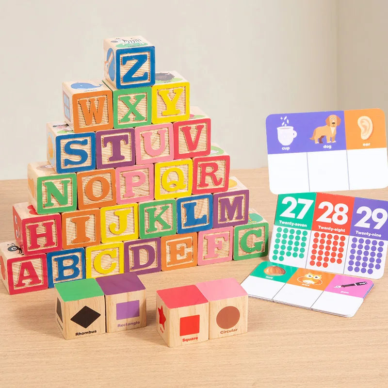 A tower of wooden alphabet blocks spelling out the English alphabet for early learning.