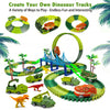 A set of dinosaur tracks and climbing race track toys featuring various dinosaurs in green, red, and yellow colors.
