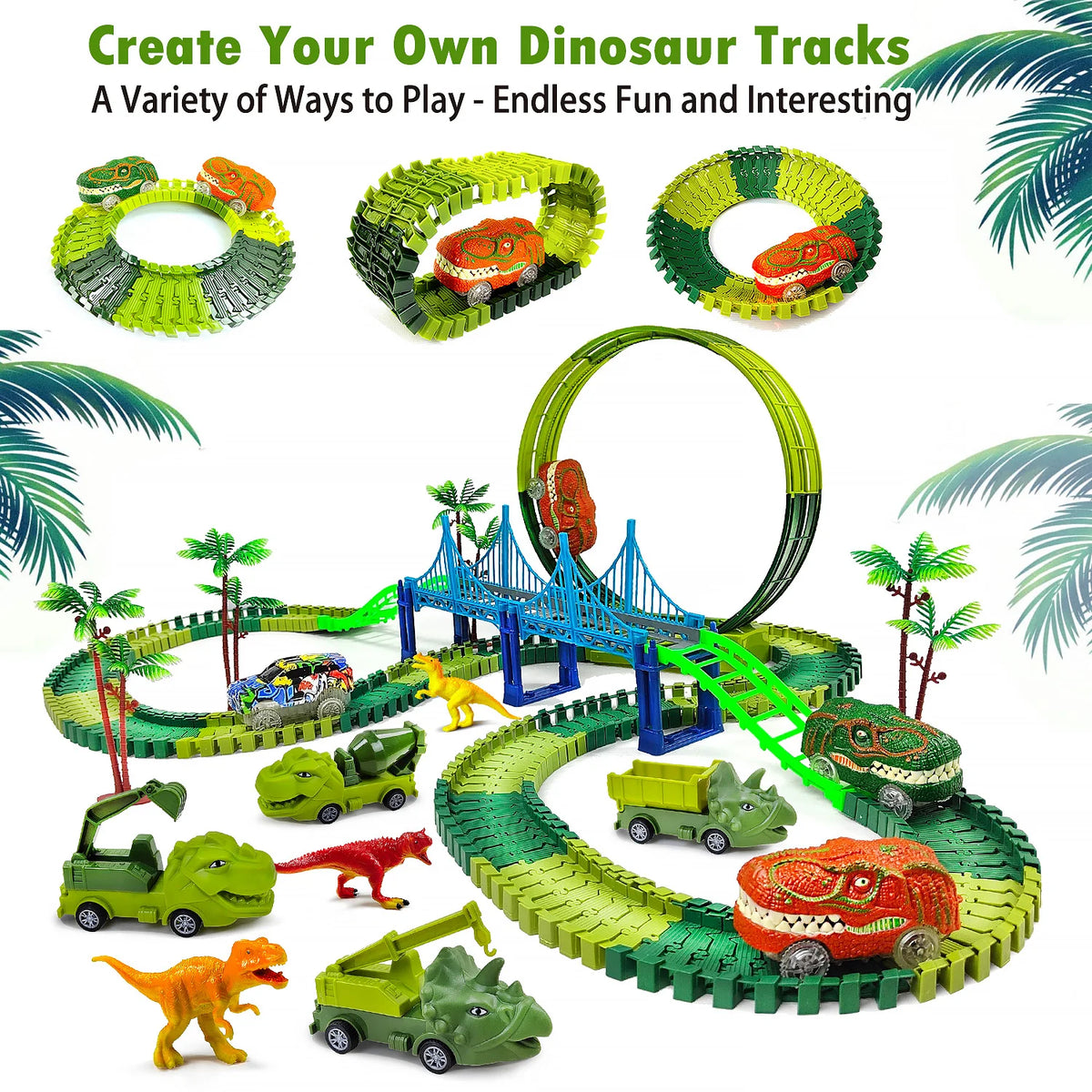 A set of dinosaur tracks and climbing race track toys featuring various dinosaurs in green, red, and yellow colors.