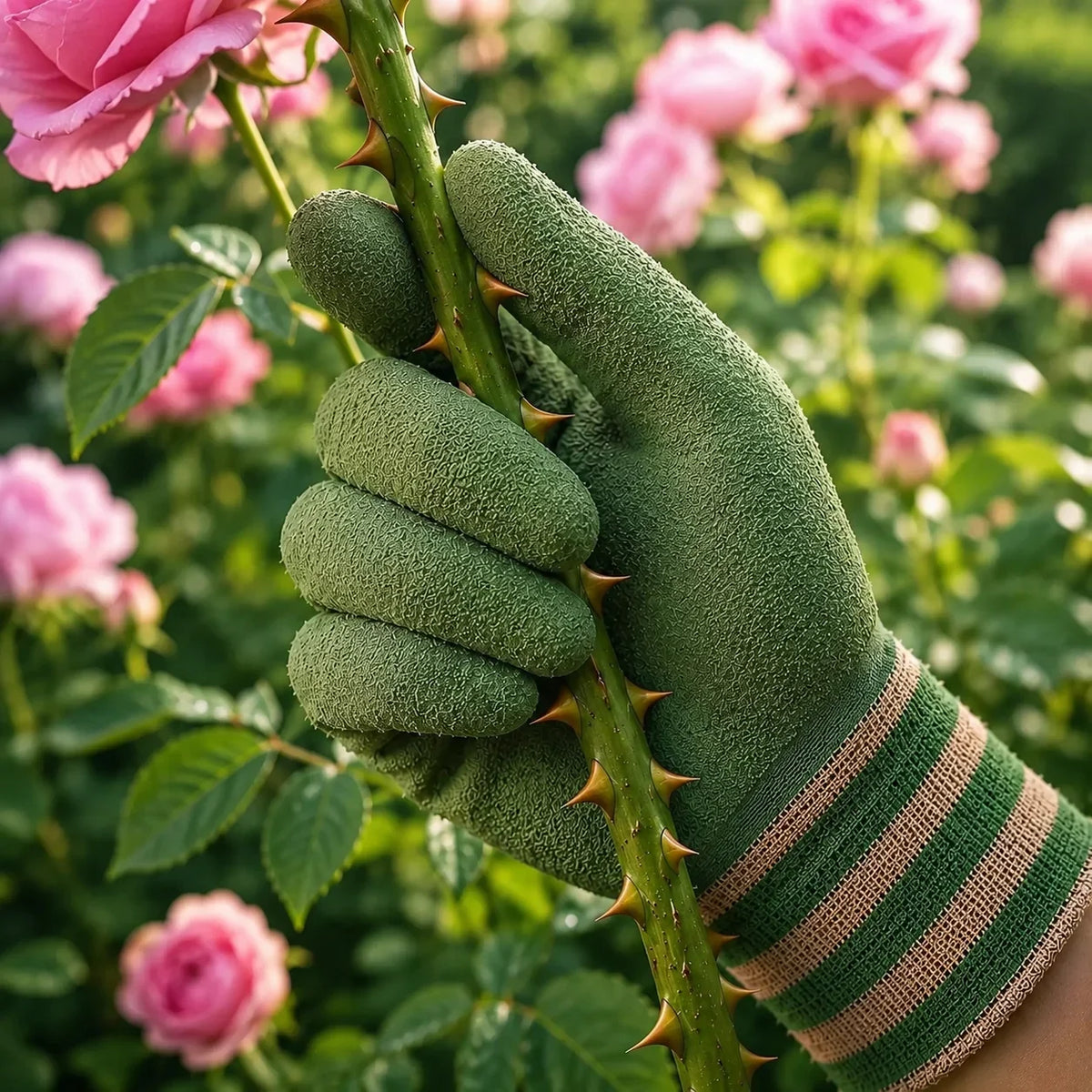 A hand wearing green gardening gloves gently holds a thorny stem with pink roses in the background.