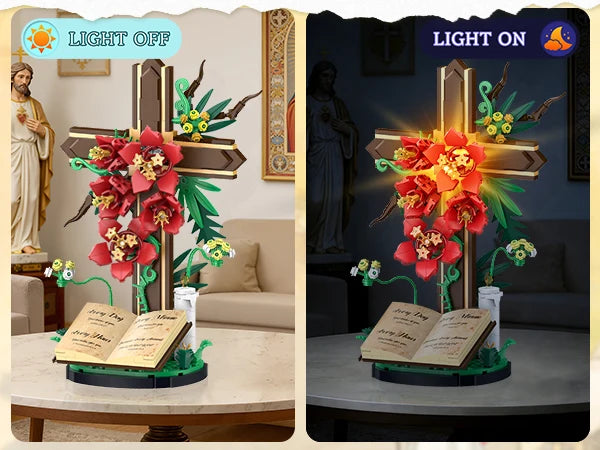 A faith floral cross building set with a wooden cross, red and orange flowers, and an open book displayed in a room setting.