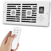 A white smart vent booster fan control panel with a digital display and a handheld remote control.