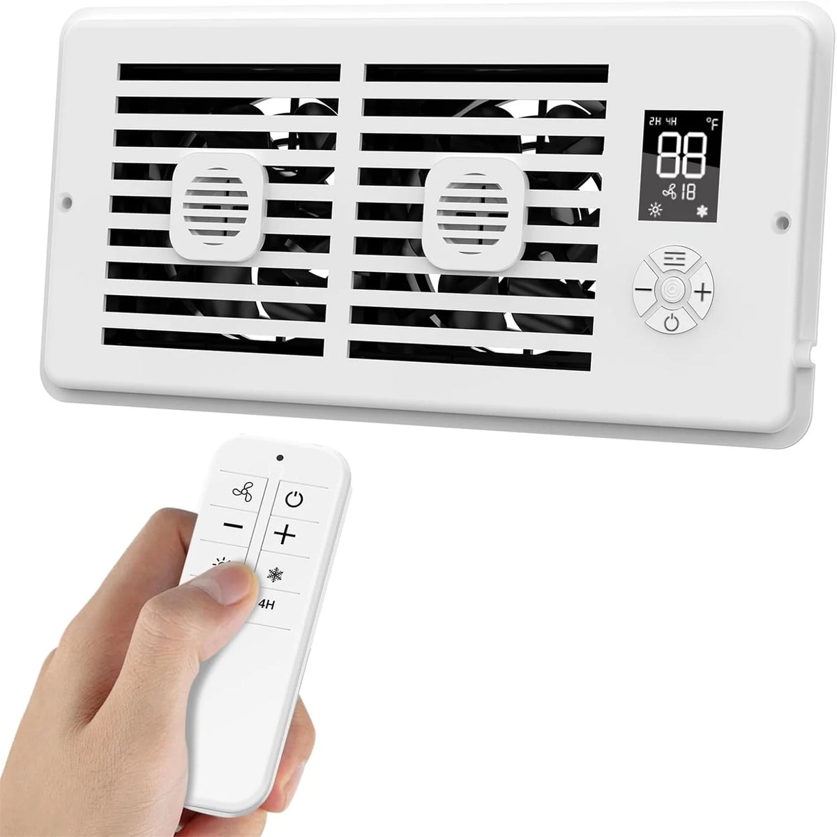 A white smart vent booster fan control panel with a digital display and a handheld remote control.