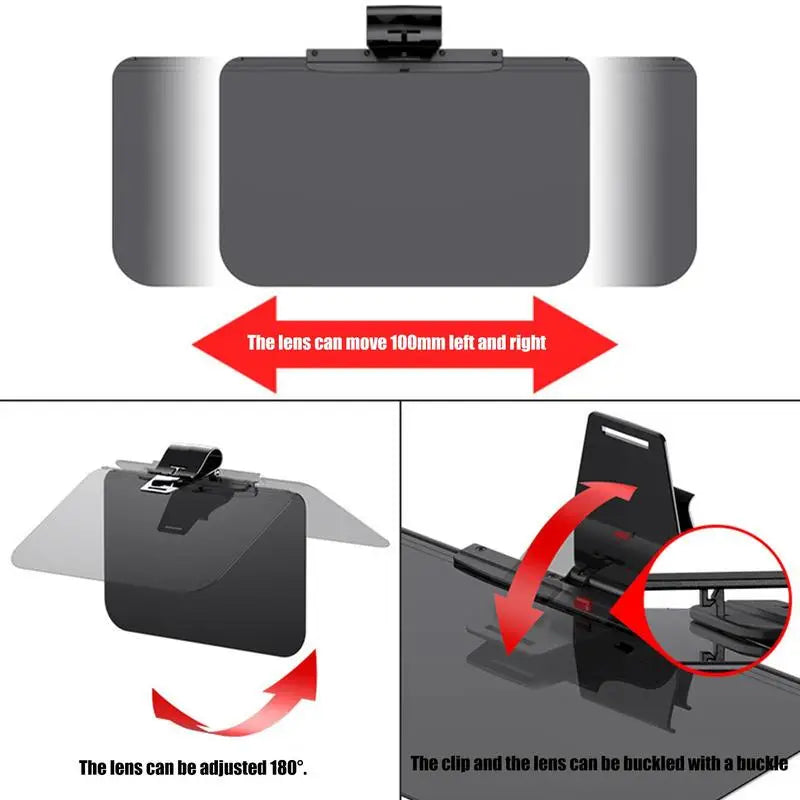 An adjustable anti-glare car sun visor extender showing the lens movement and adjustment capabilities.