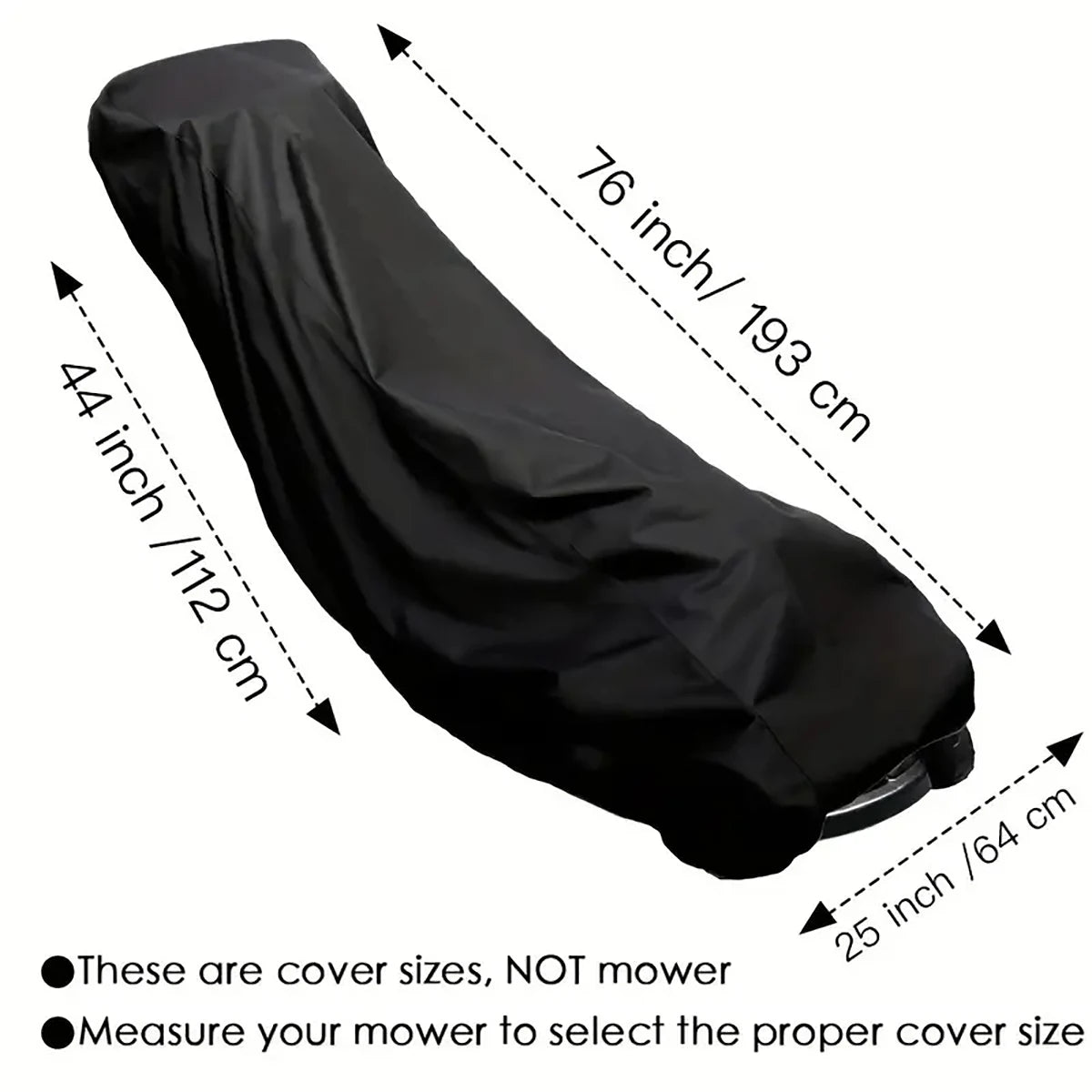Black heavy-duty outdoor push mower cover with dimensions 44 inch by 76 inch.