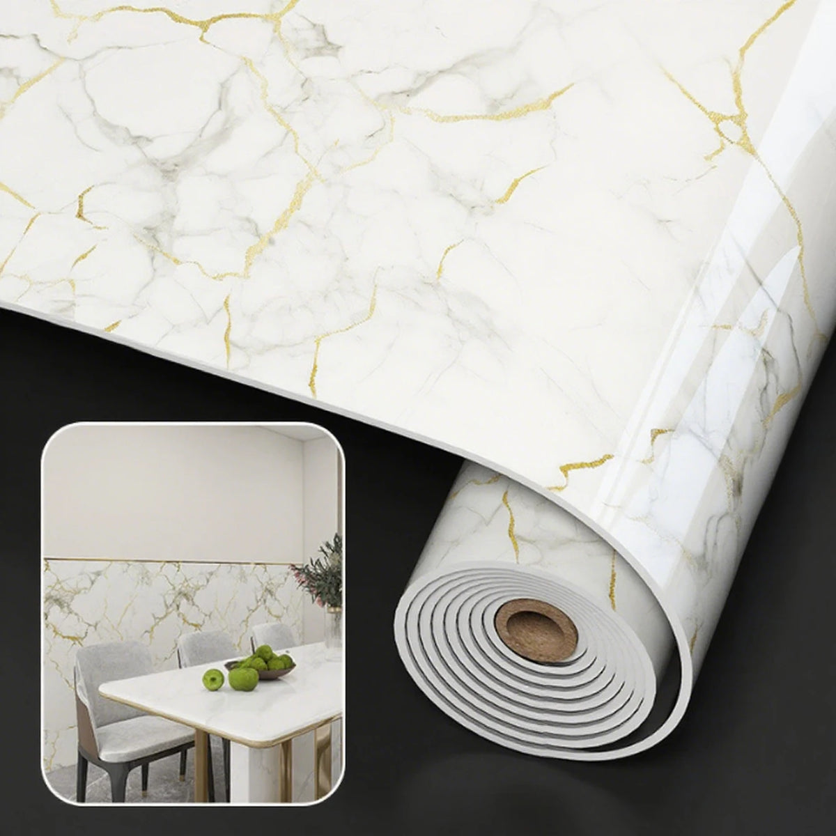 Roll of self-adhesive marble wallpaper featuring white and gold veining, shown rolled up.