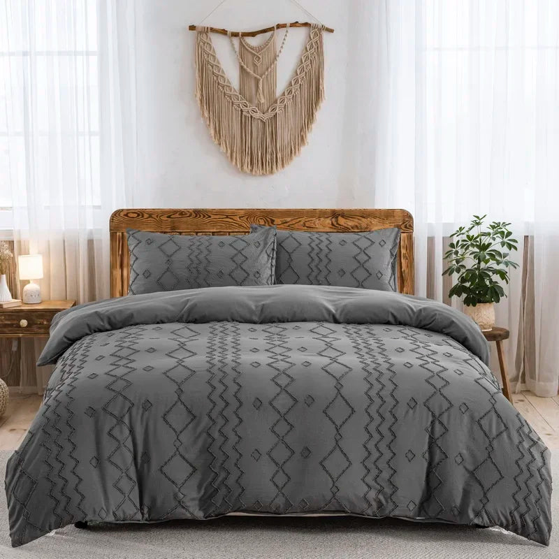 Tufted Boho Chic Duvet Cover Set with Textured Microfiber