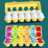 A yellow plastic tray holds multiple matching eggs with various colors and shapes for a Montessori toy.