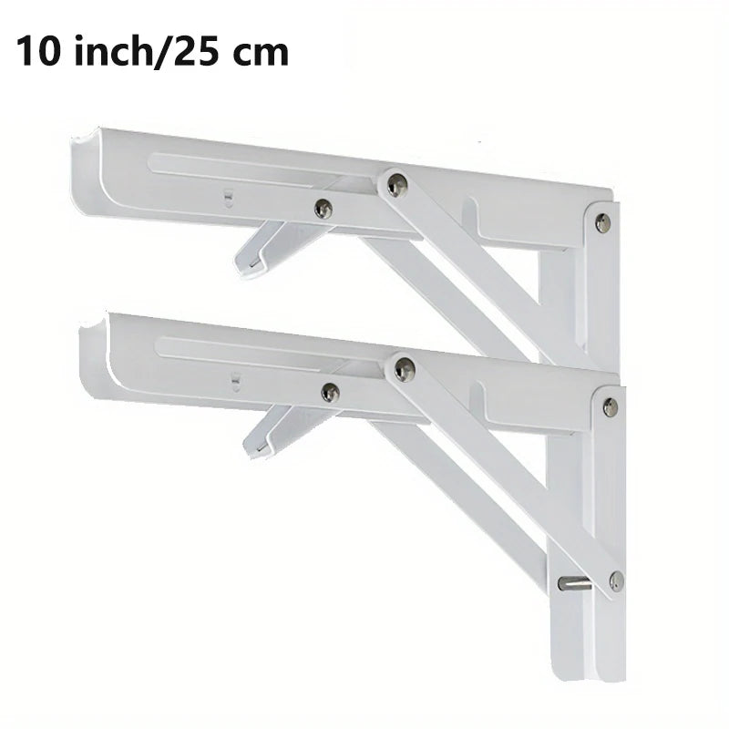 White folding shelf brackets for mounting, measuring 10 inches or 25 cm long.