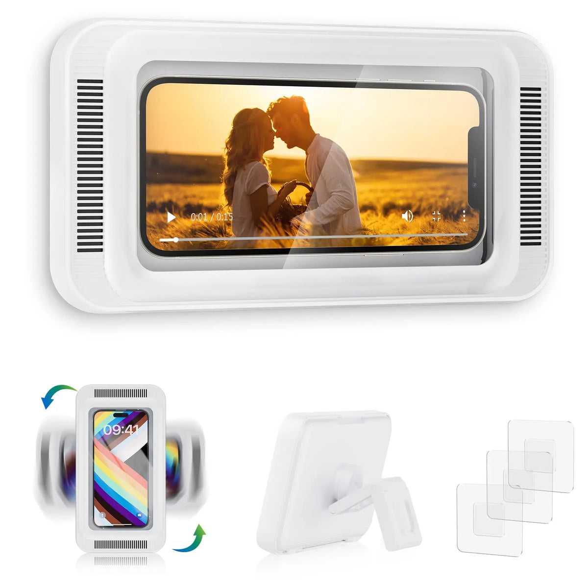 A white waterproof shower phone holder with a display showing a couple embracing, next to mounting accessories.