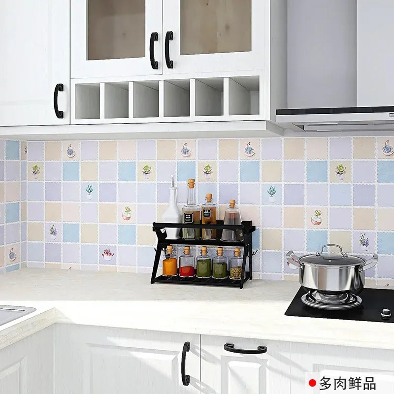 White kitchen cabinets and splashback featuring a light blue and beige patterned tile design.