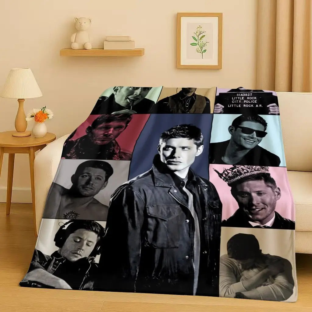 A flannel throw blanket featuring a collage of characters from the Supernatural TV show