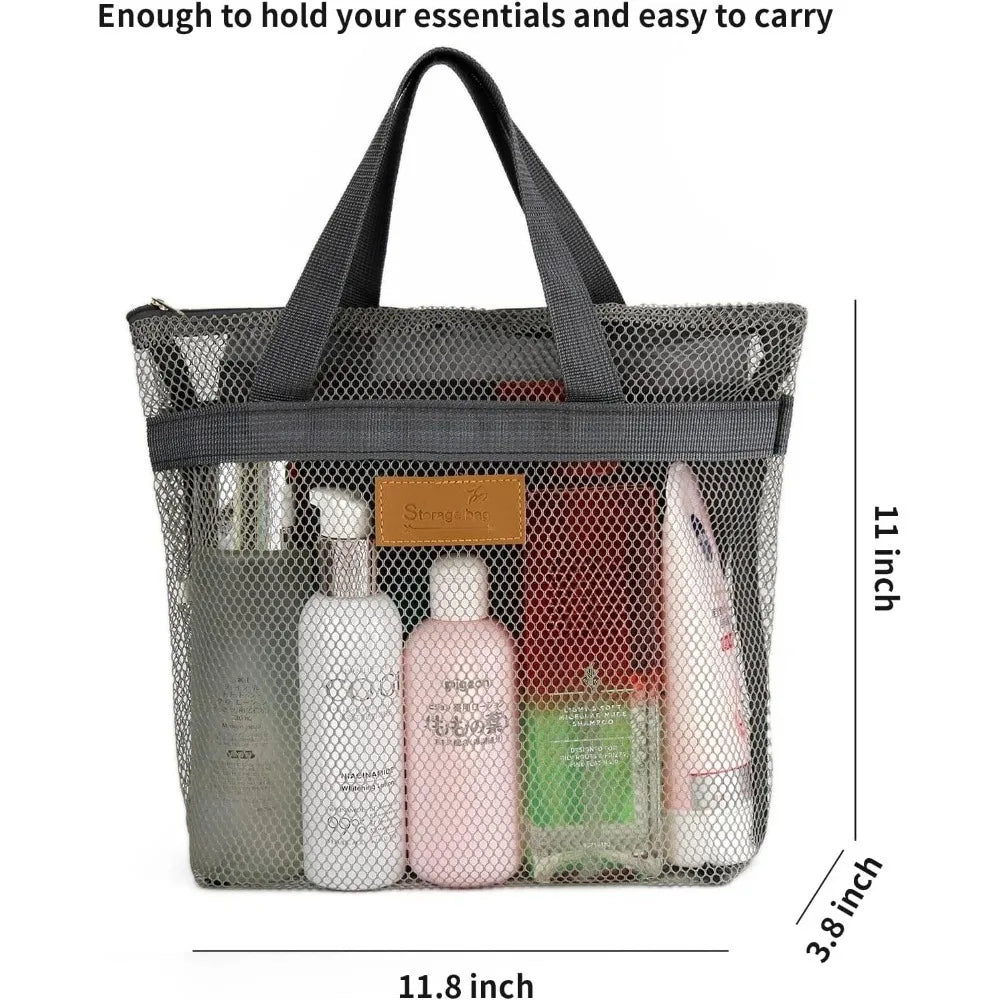 A mesh hanging toiletry bag filled with various personal care items for travel and shower use.