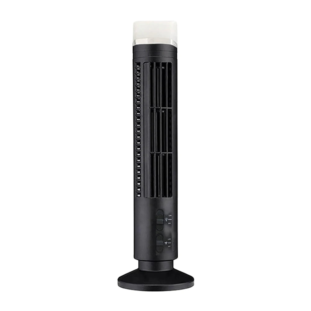 A black bladeless LED tower fan with a clear protective cover.