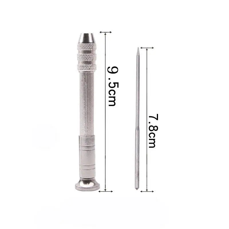 A silver leather sewing awl set with replaceable needles shown in a vertical dimension view.