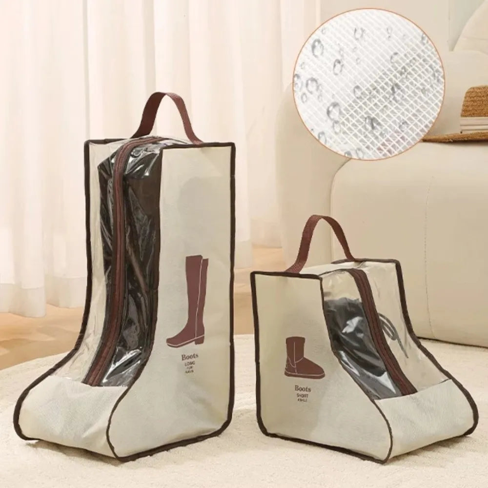 A pair of waterproof tall boot storage bags with transparent windows displayed on a light surface.