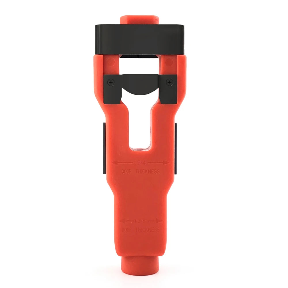 An orange door latch mortise installation kit with a black guide and chisel tool.