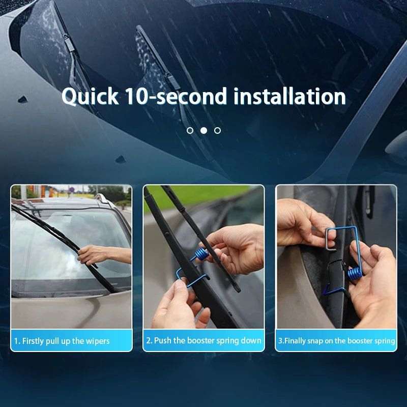 Close-up showing a hand installing a wiper booster spring onto a windshield, demonstrating the three steps for quick installa