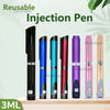 A row of reusable Monclique injection pens in various colors, including black, blue, green, red, purple, and pink.