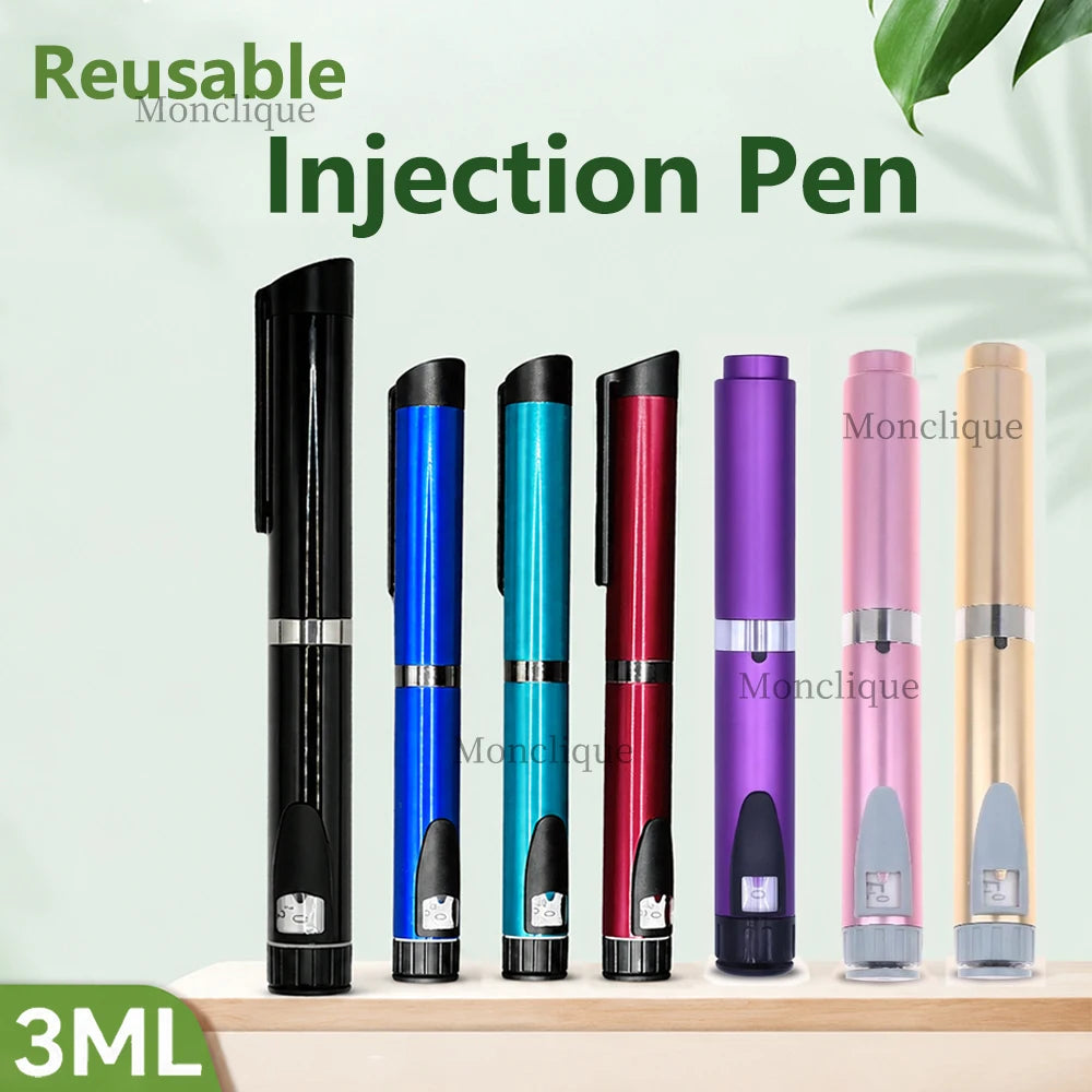 A row of reusable Monclique injection pens in various colors, including black, blue, green, red, purple, and pink.
