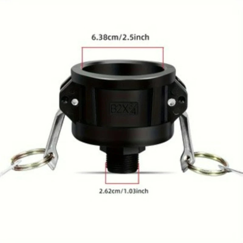 Black IBC tote drain adapter with a 2.5-inch camlock fitting and a 3/4-inch garden hose connection.