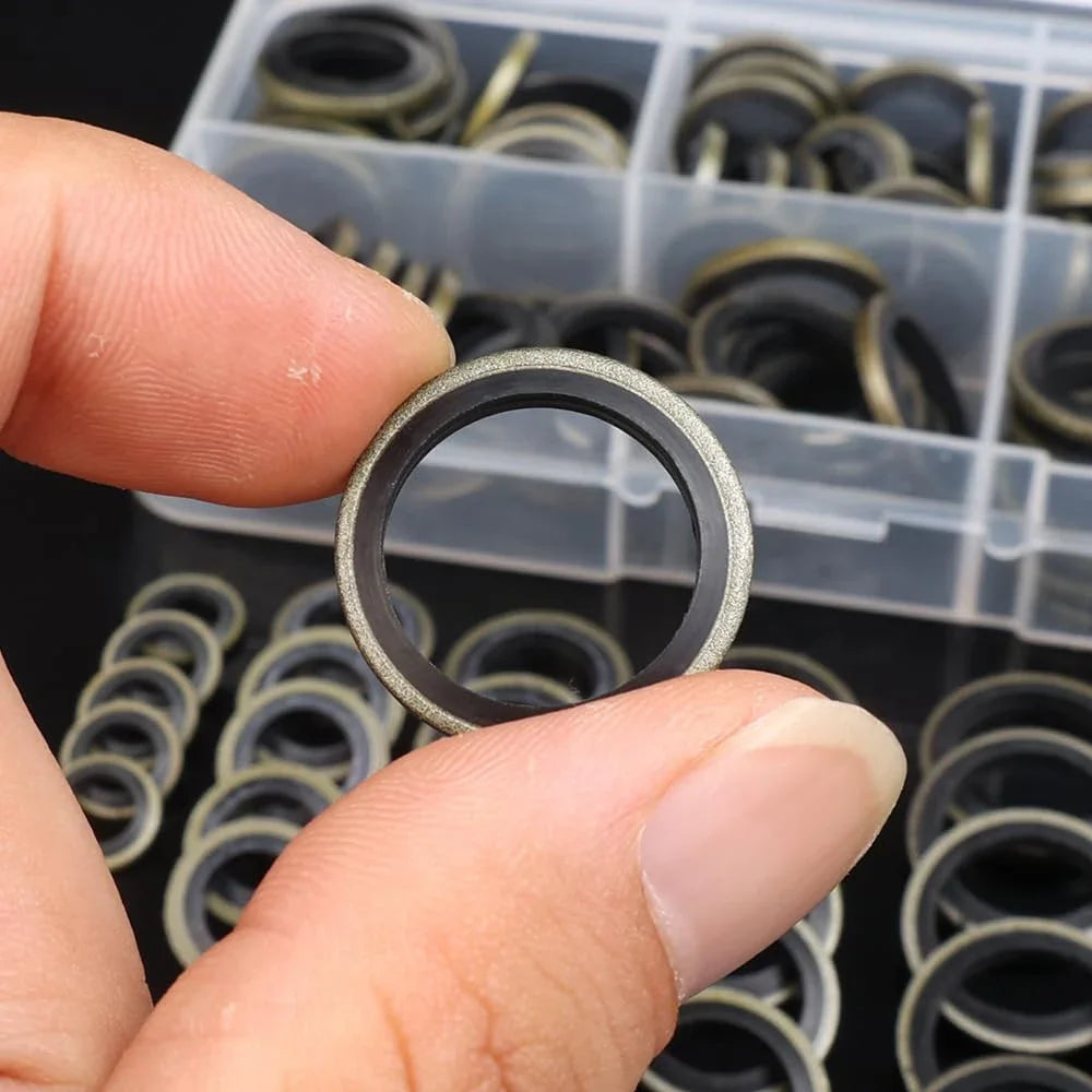 Eine Hand hält eine schwarze Öl-Ablaufdichtung, die verschiedene Größen und Typen in einem organisierten Plastikbehälter zeig