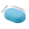 Light blue portable soap dish with a lid, measuring 7.5cm wide and 11.2cm long.