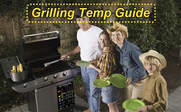 Vier Personen stehen um ein Grill mit einem Fleischtemperaturführer und Grillzubehör.