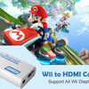 A white Wii to HDMI converter device is shown next to a colorful Mario character in a video game scene.