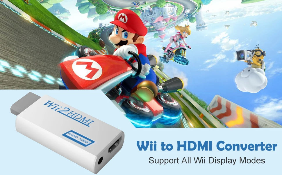 A white Wii to HDMI converter device is shown next to a colorful Mario character in a video game scene.