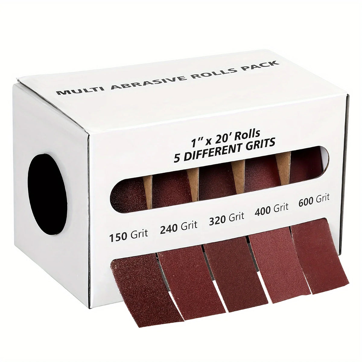 A box of multi abrasive rolls pack containing five different grits of sandpaper.