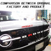Comparison image showing an original factory Ford Bronco grille and a replacement product emblem letter cover.