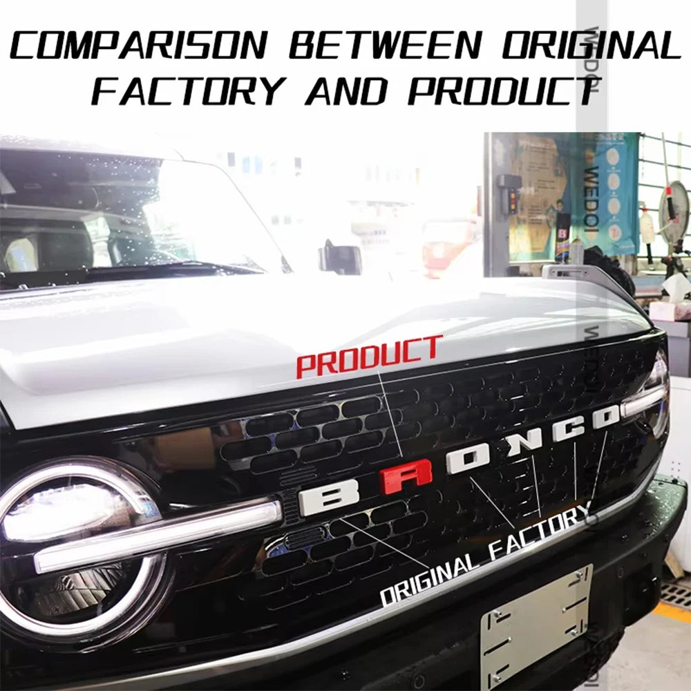 Comparison image showing an original factory Ford Bronco grille and a replacement product emblem letter cover.