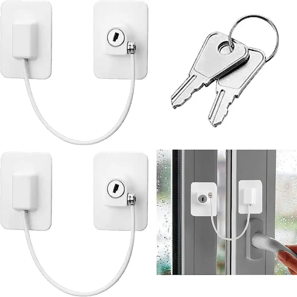 White self-adhesive window safety lock with two keys shown in close-up and installed on a door.