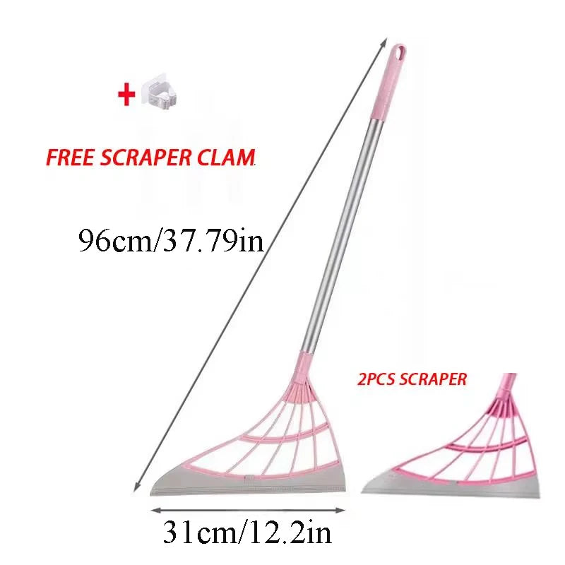 A silicone squeegee broom with a long adjustable handle and two scrapers shown in pink and gray.